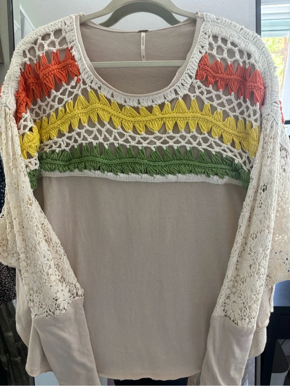 Free People Cream Crochet Yoke Sweatshirt with Orange, Yellow & Green Accents
